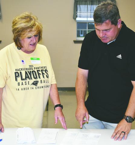 Shelia Whitfield, clerk, and Hackleburg Mayor Daryl Colburn look over election results for the wet/dry vote.  Hackleburg voted to sell alcohol in the city limits with 186 yes votes and 134 no votes.