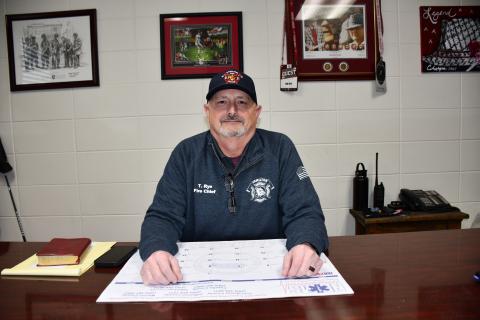 Former Hamilton Fire Chief Tim Rye sits at his desk on Feb. 24 during his last week on the job before his retirement after 36 years in the fire service.