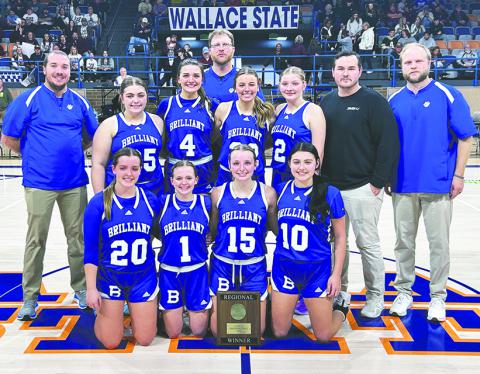 The Brilliant Lady Tigers advance to the state semi-final after their win over Marion County on Monday, Feb. 17. Shown standing from left are Coach Ben Johnson, Marlee Barnett, Hadlee Sanderson, Coach Heath Sanderson, Laine Johnson, Nova Smith, Coach Sawyer Nelson and Head Coach Ryan Sanderson. Kneeling from left are Macy Moore, Brooke O’Mary, Karagan Stanford and Aubrey Moye.